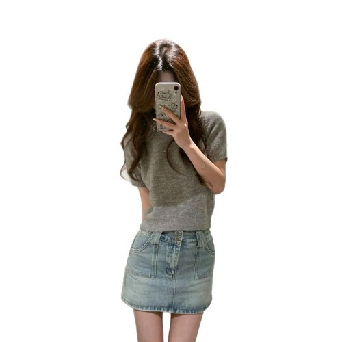 KANING Autumn miu strap diamond crew neck T-shirt women 2025 new loose knit top versatile short sleeve top