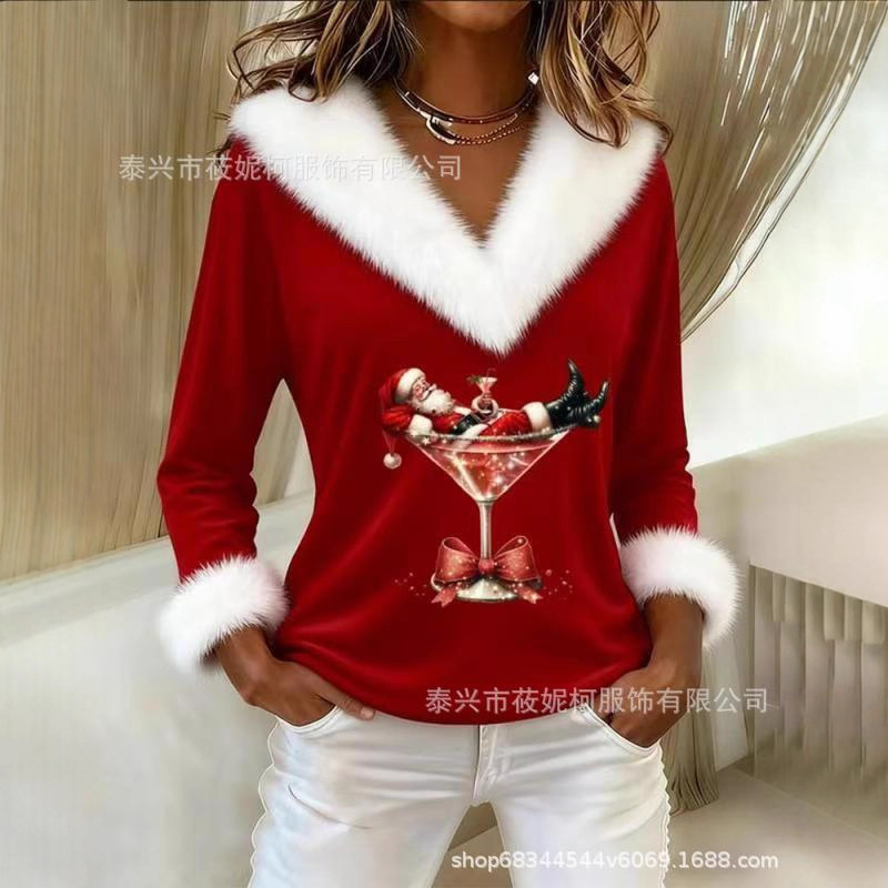 2025 Amazon Cross-Border New Casual Christmas Rabbit Fur V Neck Knitted Tops in Stock Factory Direct Supply