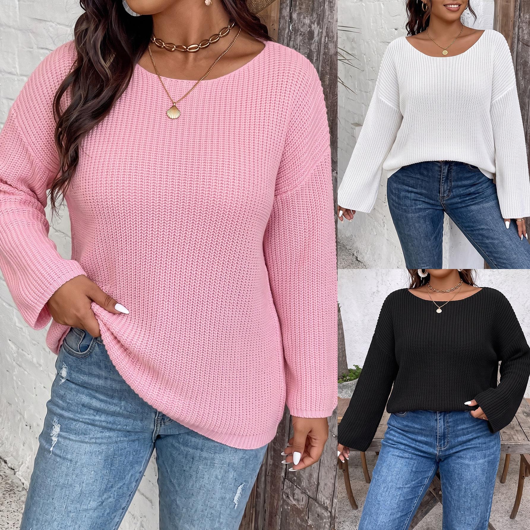 Plus-size women's pullover sweater top, cross-border European and American fashion, simple off-shoulder bell-sleeve women's sweater