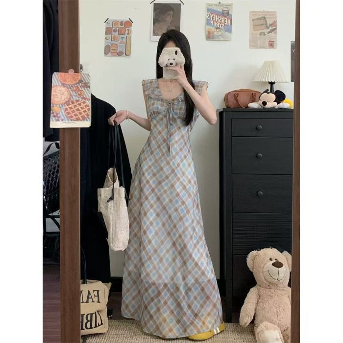 ニッチレトロコントラストチェック柄シフォンドレス婦人服 2025 夏フレンチスタイル小さなフライングスリーブ A ラインロングスカート|undefined