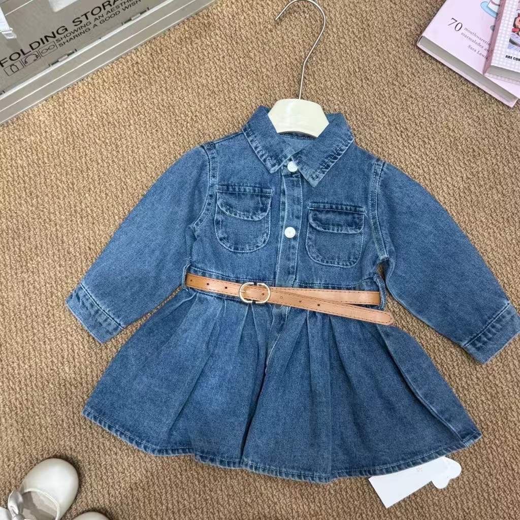 Girls' Autumn Denim Dress 2026 Korean Retro Long Sleeve Denim Dress Trendy Cool Style In-Stock Wholesale