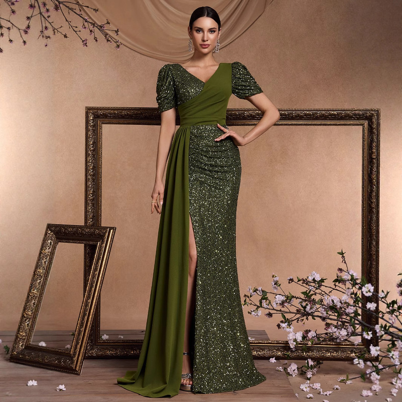 European and American New Elegant Sequin Splicing Fitted V Neck Short-Sleeved Elegant Gorgeous Noble Cocktail Party Formal Dinner Dress European and American New Elegant Sequin Splicing Fitted V Neck Short-Sleeved Elegant Gorgeous Noble Cocktail Party Formal Dinner Dress