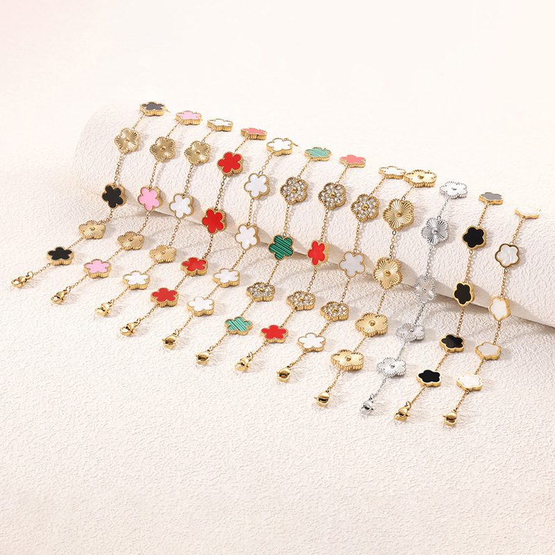 Trendy Cross-Border E-Commerce Titanium Steel Five-Leaf Flower Mother-Of-Pearl Bracelet with Vacuum-Plated 18K Non-Fading Diamond-Studded Jewelry Trendy Cross-Border E-Commerce Titanium Steel Five-Leaf Flower Mother-Of-Pearl Bracelet with Vacuum-Plated 18K Non-Fading Diamond-Studded Jewelry