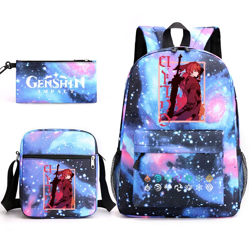 Backpack set (Genshin) 3‑piece — backpack, one‑shoulder bag, pencil case, assorted colors