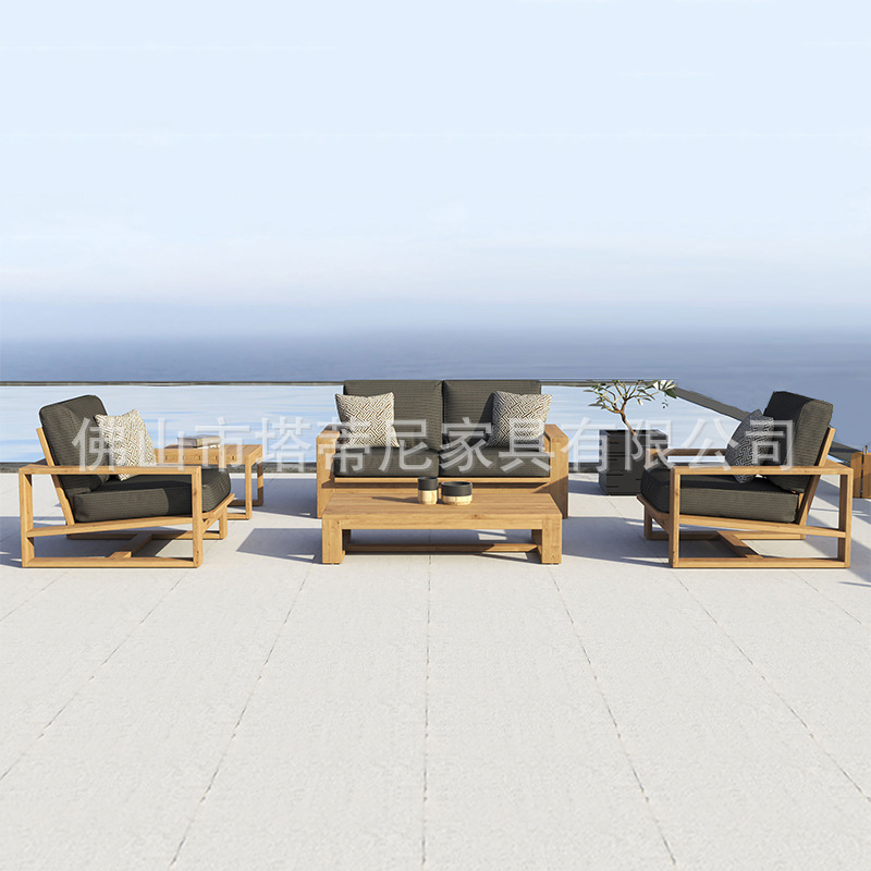 Sofá de exterior, madera maciza, patio, jardín, hotel, villa, ocio al aire libre, teca anticorrosión, muebles impermeables y resistentes al sol para exteriores. image 13