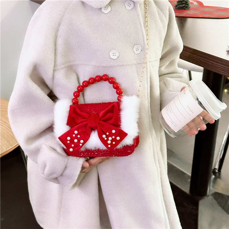 Bolsa de moda de perlas para niños otoño y invierno Año Nuevo para niñas bolsas de hombro de tela arco