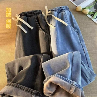 美式牛仔裤高街加绒加厚加厚宽松秋冬复古ins长裤休闲阔腿裤子男
