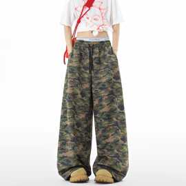 原宿风迷彩高街美式复古休闲裤女辣妹潮流新款阔腿宽松拖地裤跨境