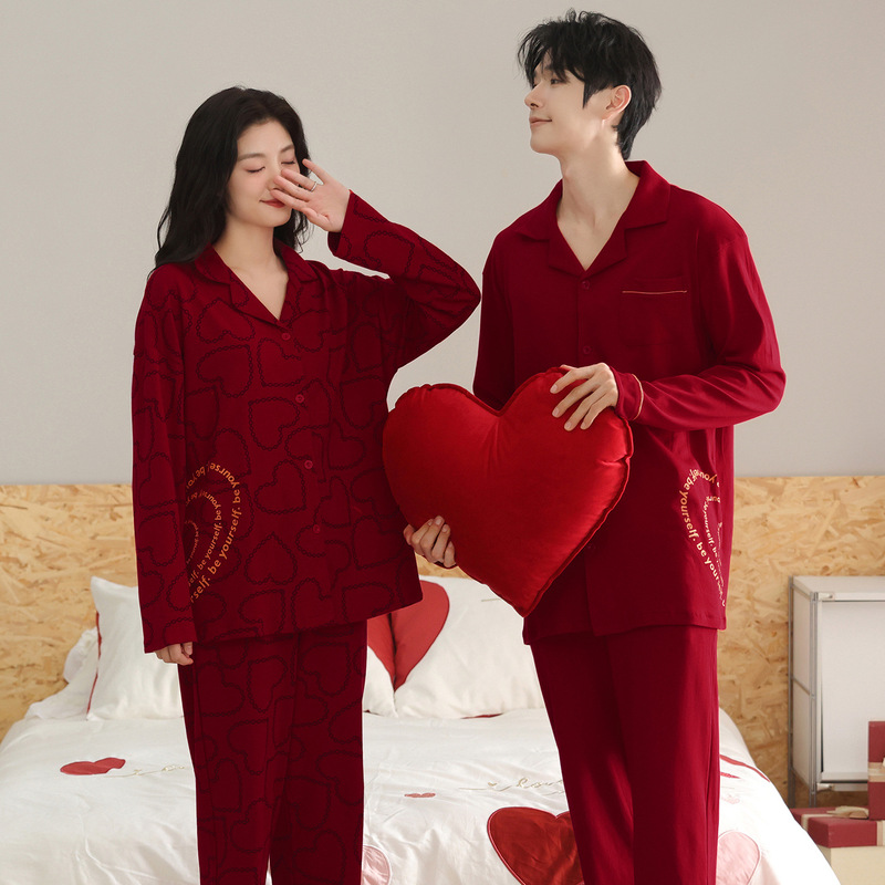 Couple Pajamas Women's Autumn and Winter Lapel Long-Sleeved Big Red Newlywed Bride's Wedding Home Wear Set