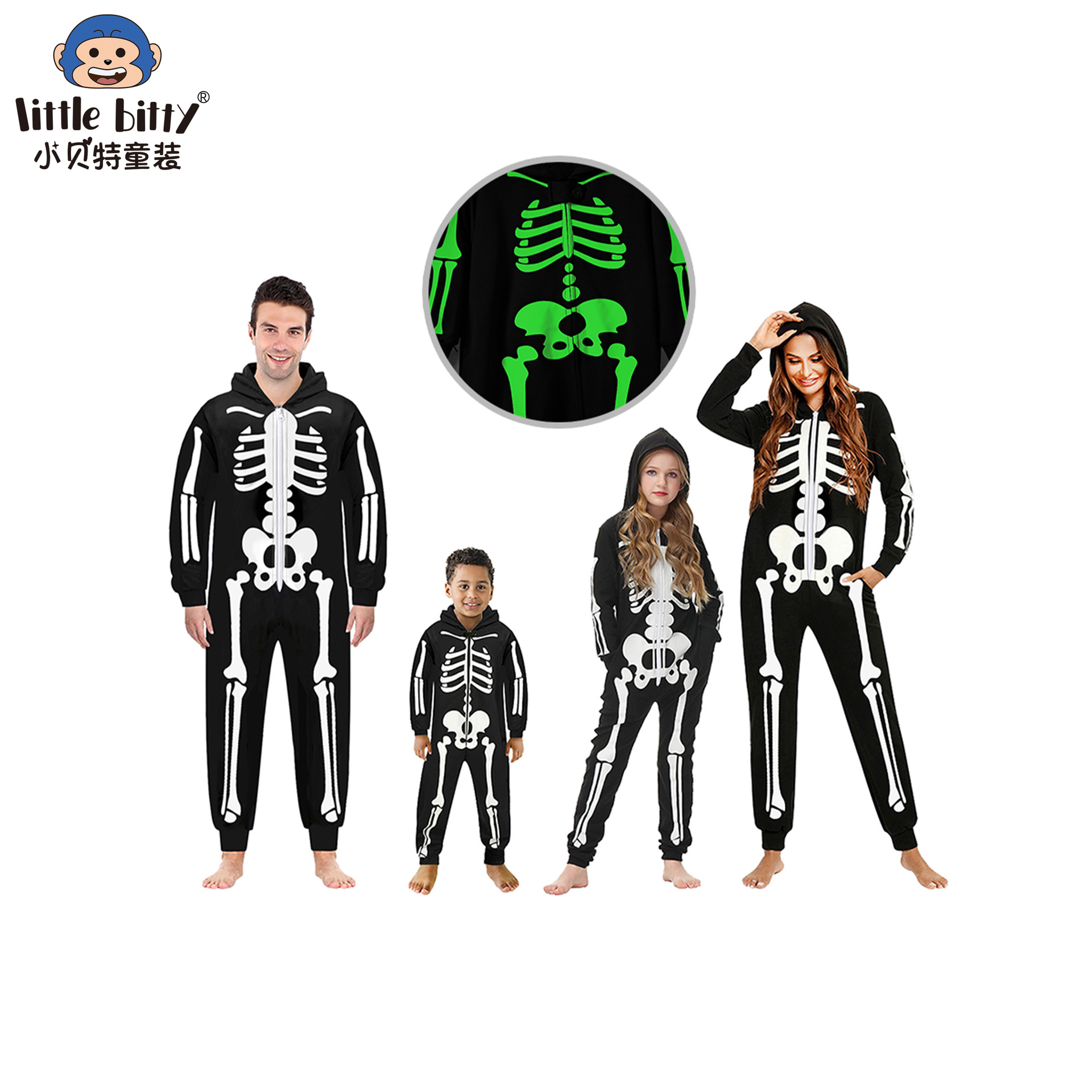 New European and American Halloween printed bodysuit pajamas for boys and girls, glow-in-the-dark skull print, cross-border wholesale.