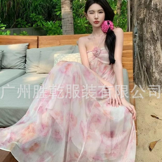 European and American Cross-Border Foreign Trade Floral Seaside Dress, Elegant and Fairy-Like Chiffon Travel Vacation Strapless Long Dress with Ambiance