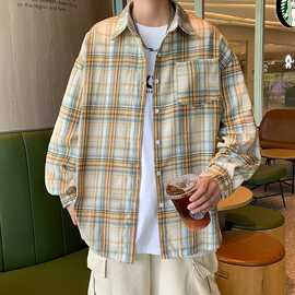 复古格子翻领纽扣衬衫男春秋薄款宽松设计感小众长袖开衫衬衣外套