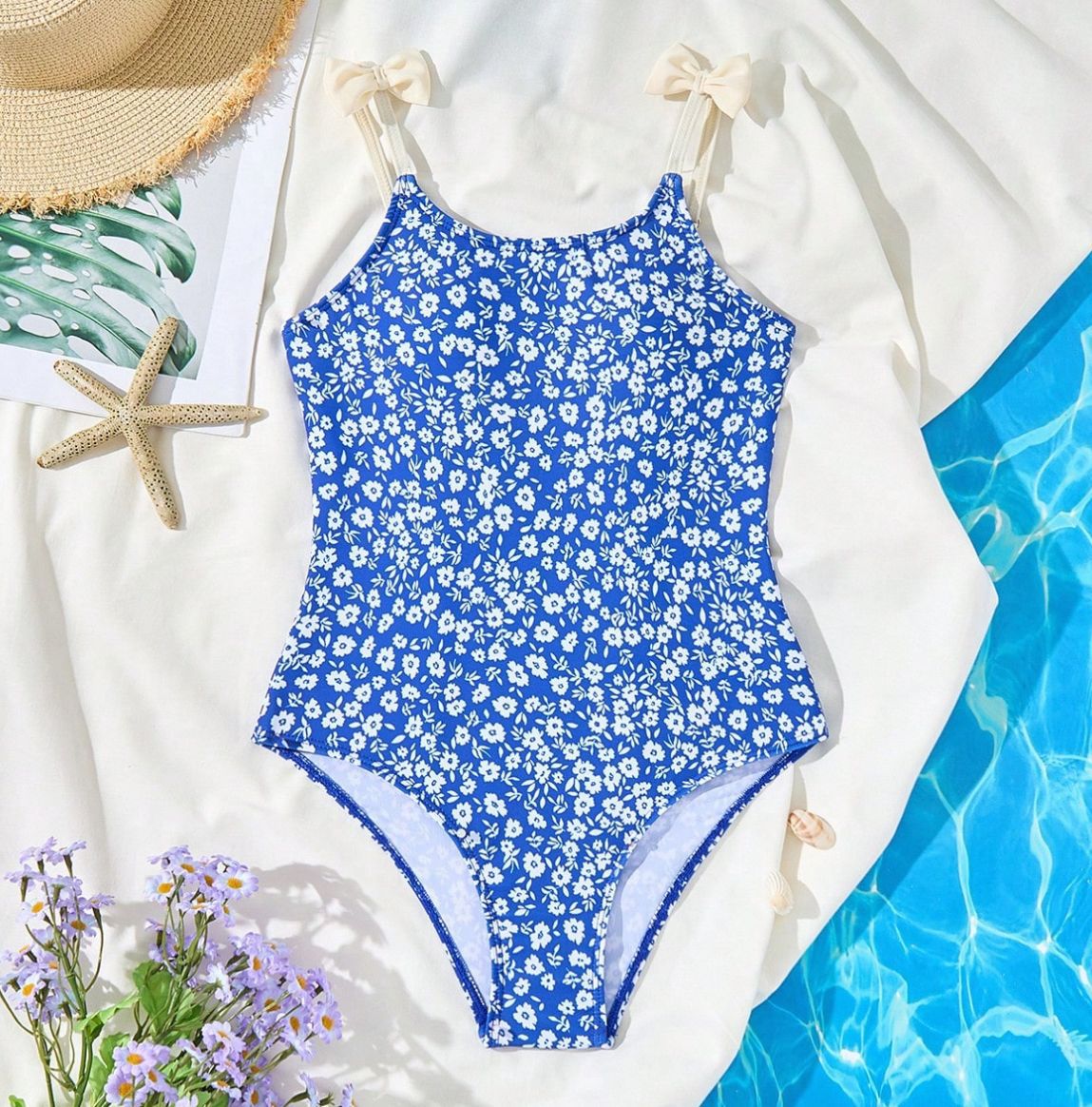 One Piece Floral Print Swimsuit For Girls Cute Triangle Pattern Playful Style Summer Swimwear For Big Kids Ages 3-11_voghion.com