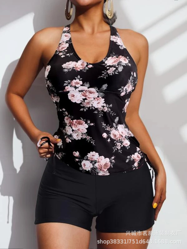 Nuevo estilo europeo y americano Amazon multicolor impresión tanquini piernas planas pantalones de baño de mujer