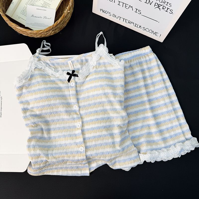 Pijama de mujer de verano con cojín de pecho, pantalones cortos de cabina sexy puros, rayas delgadas sin mangas, set de ropa de verano