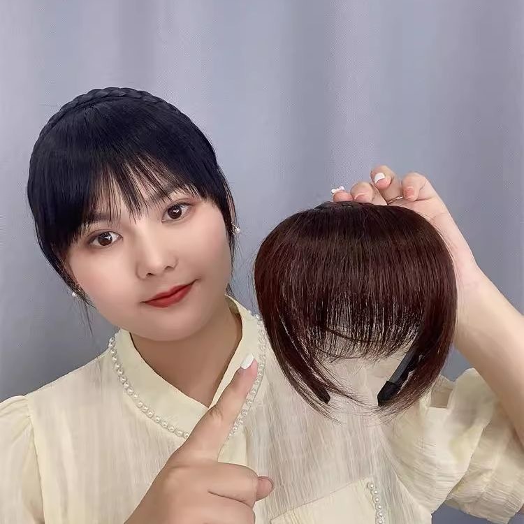 新款时尚辫子发箍刘海一体真发前额头帘鬓角遮白发碎齐刘海假发片|undefined