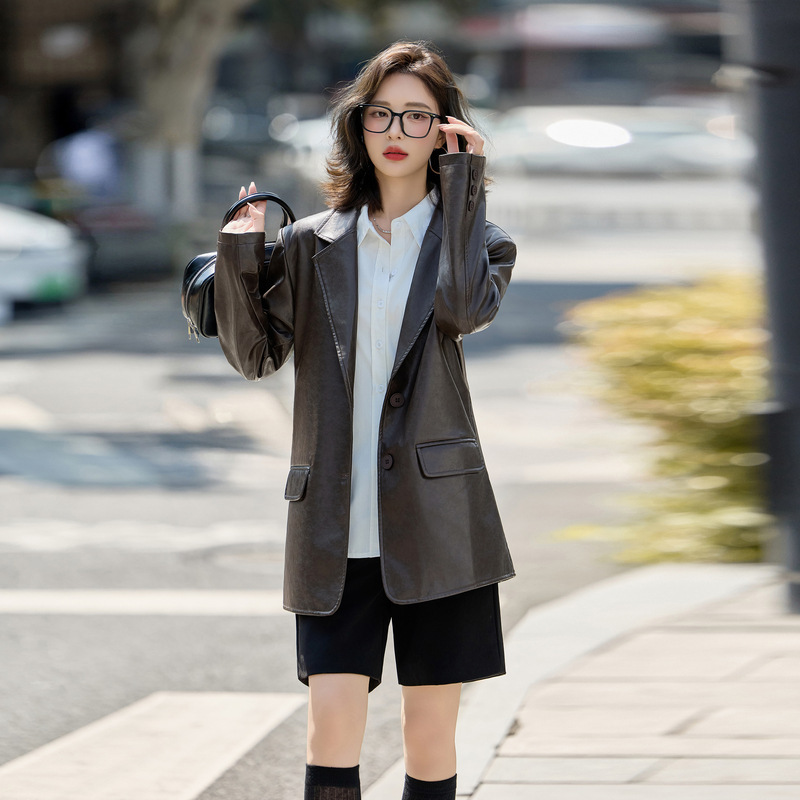 Leather Suit Jacket for Women 2025 Autum New Retro Elegant Casual Fashion Pu Leather Suit Top Gt8075