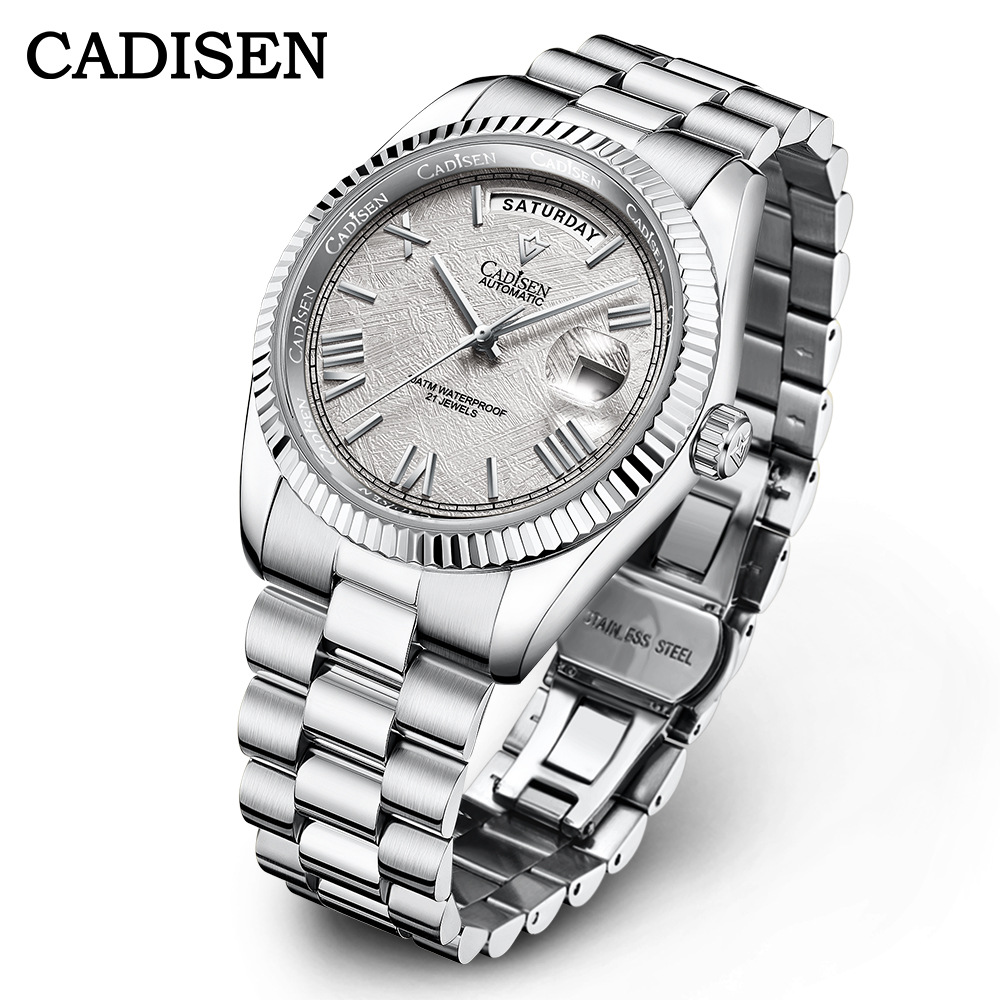 Cadisson CADISEN8185 nueva cáscara de acero inoxidable reloj mecánico automático reloj de los hombres del calendario de zafiro