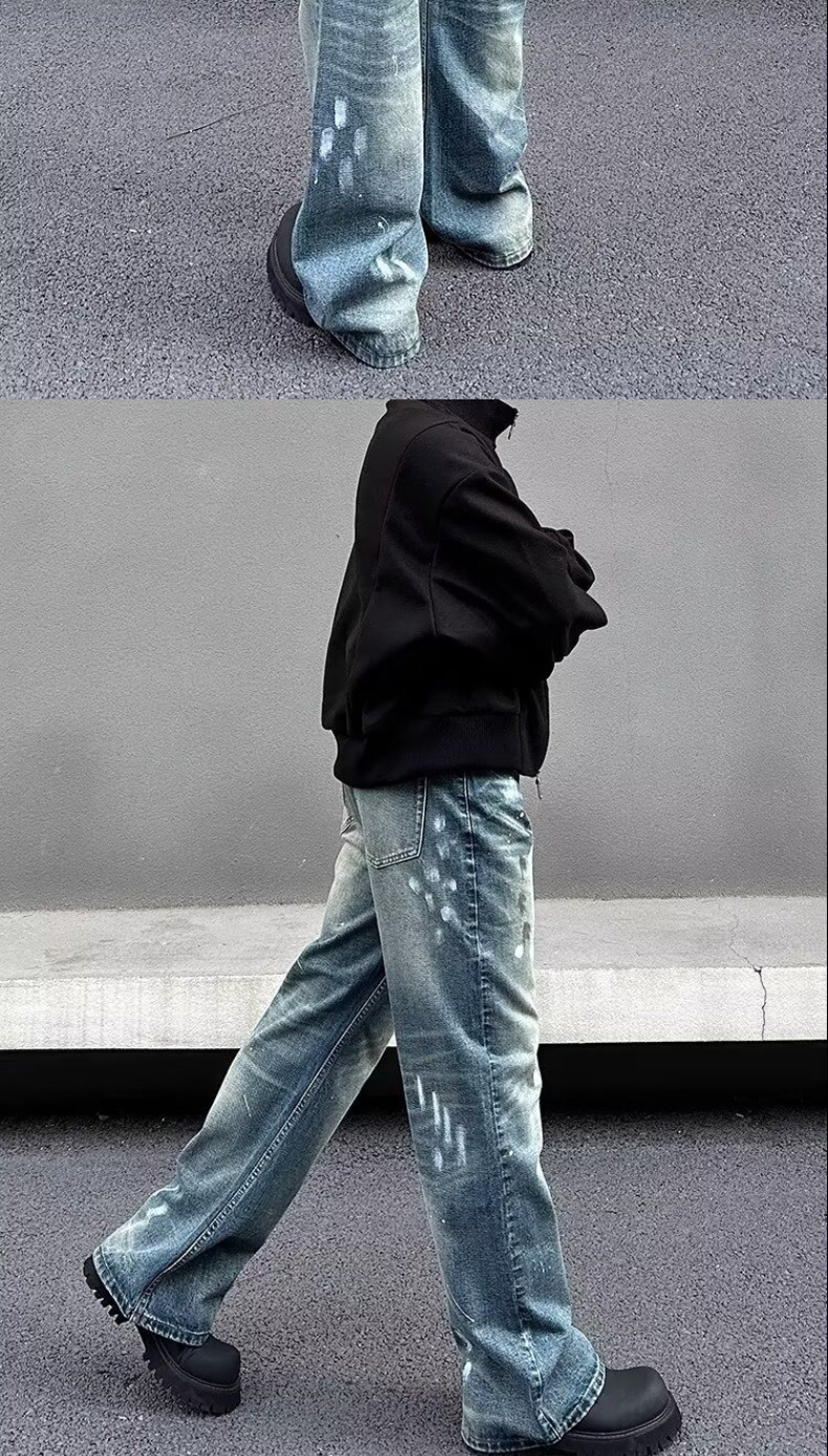 Unisex Trendy Loose Straight Leg Jeans American Retro Cleanfit Splatter Paint Casual Floor Length Wide Leg Pants_mkmklike.com