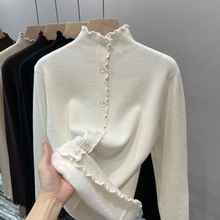 韩版小众洋气木耳边设计感单排扣保暖套头加绒加厚打底衫长袖上衣