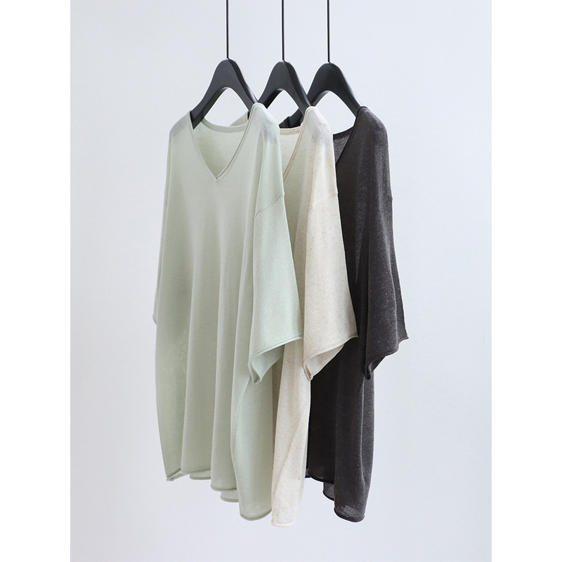 Casual V-Neck Tencel Linen Short-Sleeve Knit Top Summer Rolled-Edge Loose Pullover T-Shirt Lightweight Korean Style
