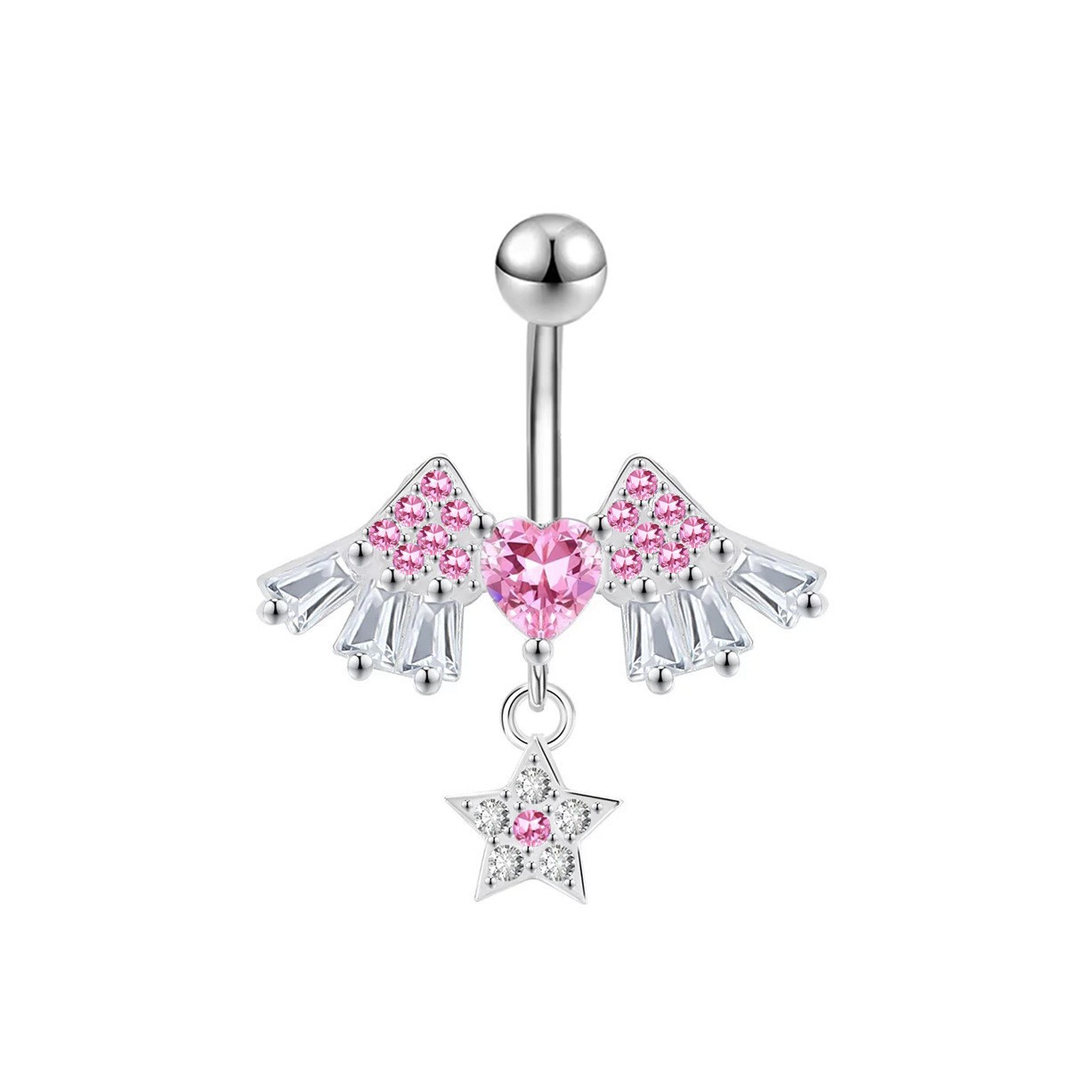 Stainless Steel Belly Button Ring With Pink Zircon Flower Charm_voghion.com