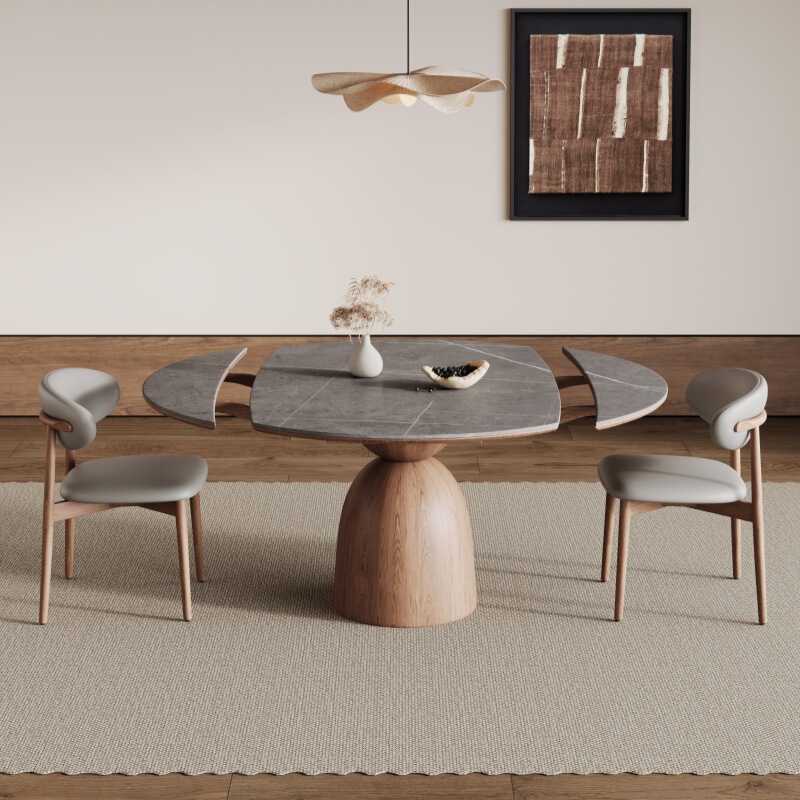 Wabi-Sabi Solid Wood and Stone Dining Table, Dual-Use Round and Square Dining Table, Extendable Minimalist Stone Dining Table and Chair Set for Small Apartments