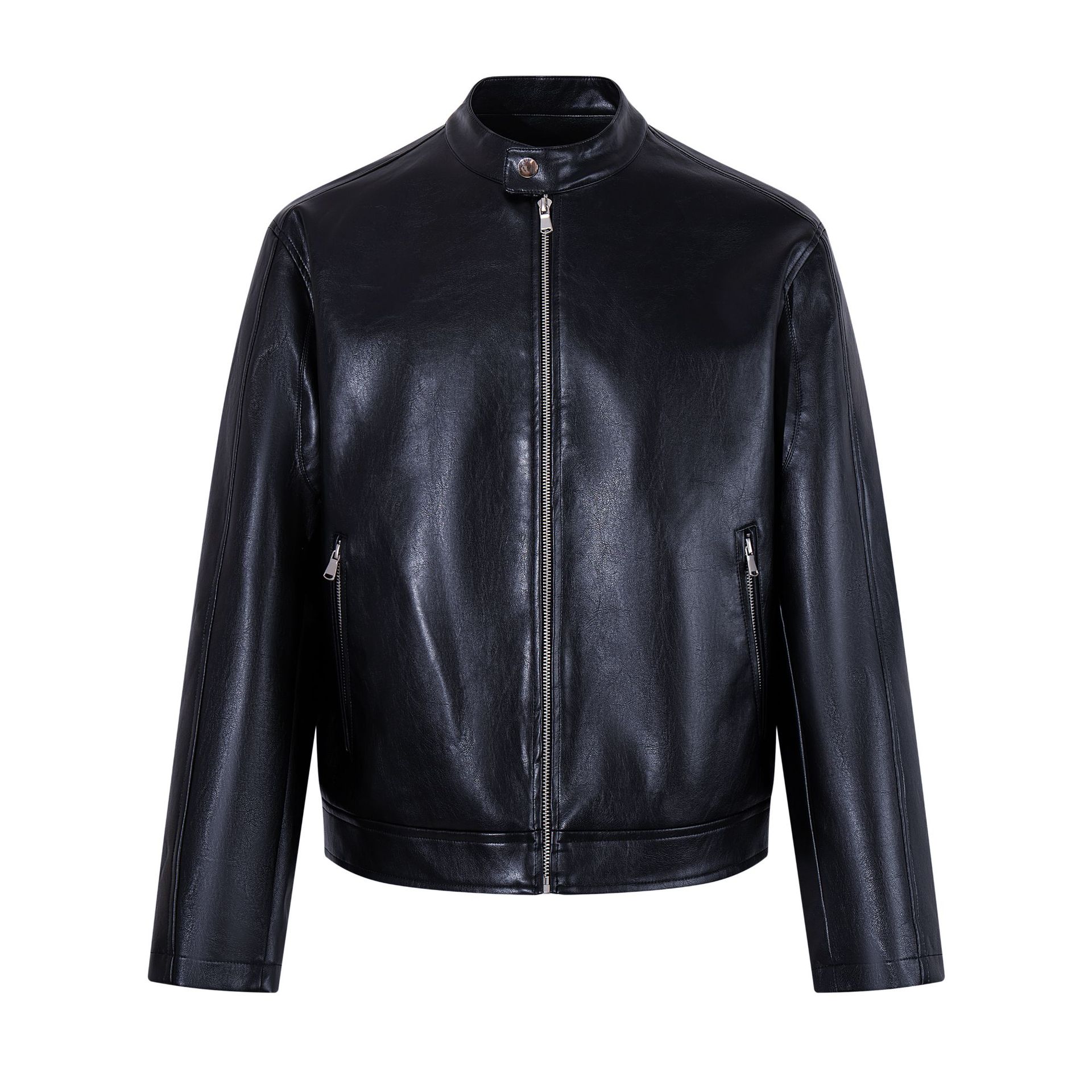 26134 High Street American Style Unisex Vintage Structured PU Leather Jacket Design Men's Loose Stand Collar Jacket Coat
