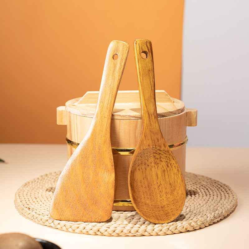 Long-handled stir-fry spoon soup spoon household cooking pot shovel set golden yellow cocum wood shovel non-stick pot special shovel wholesale 