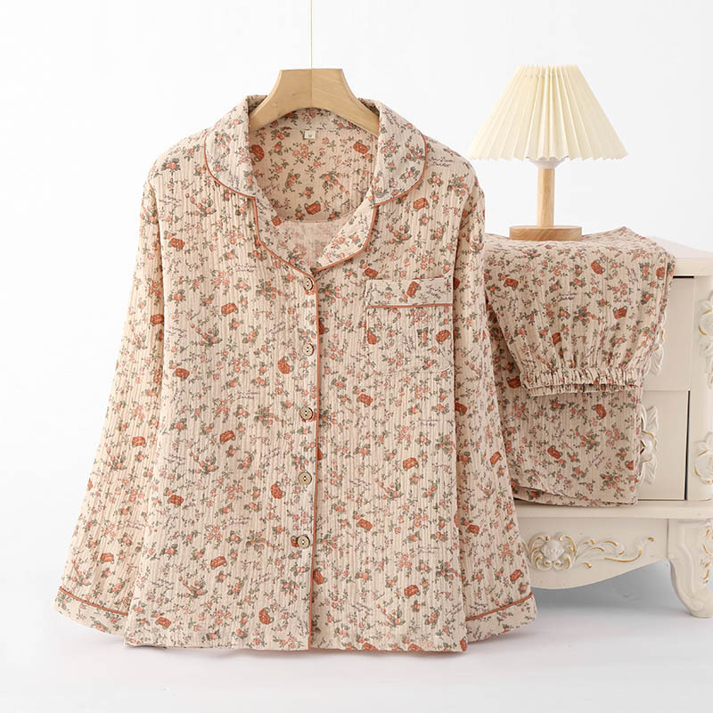 Algodón crepé pijamas de las mujeres amor crepé traje de solapa de gasa de algodón cómodo traje de desgaste casero