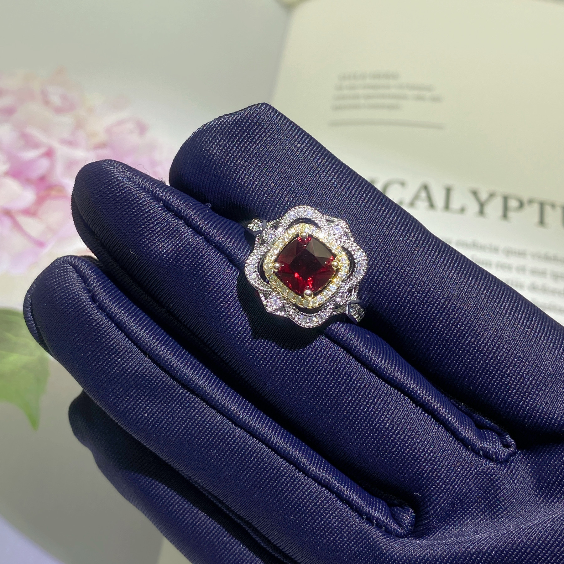 Italian woven pattern carved gold brushed iris natural Mozambique unheated pigeon blood ruby ring female_voghion.com