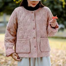 新中式国风棉麻圆领提花菱形外套女2025冬季复古宽松休闲短款棉衣