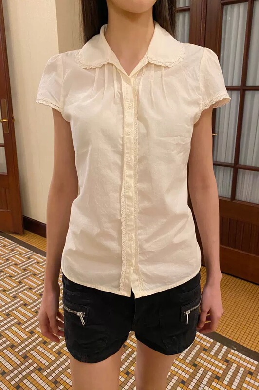 Bm Style New Beige Lace Trim Doll Collar Short-Sleeve Shirt for Women, Sweet and Slim-Fit, Versatile Top Bm Style New Beige Lace Trim Doll Collar Short-Sleeve Shirt for Women, Sweet and Slim-Fit, Versatile Top