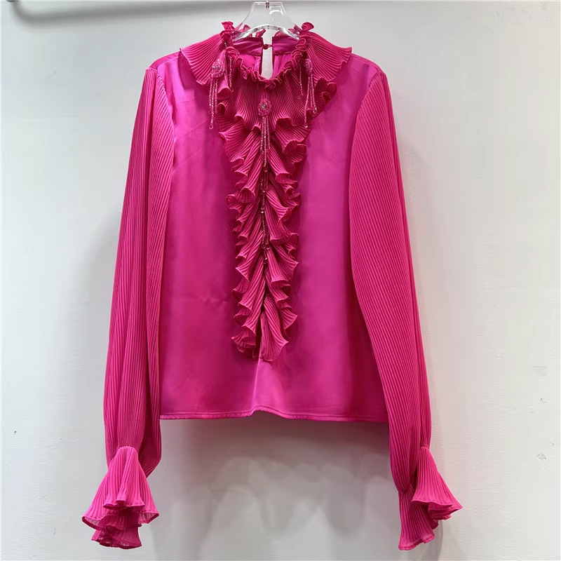 Heavy-duty Diamond-encrusted Beaded Tassel Design Sweet Pleated Fungus Lace Stitching Collar Pullover All-match Shirt Women