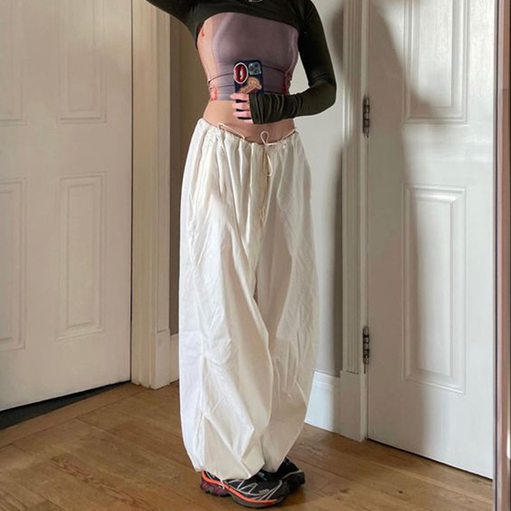 Vår/sommar 2024 Nya heta tjej-arbetskläder med resårband och dragsko, trendiga låg midjade vida ben, vardagsbyxor_voghion.com