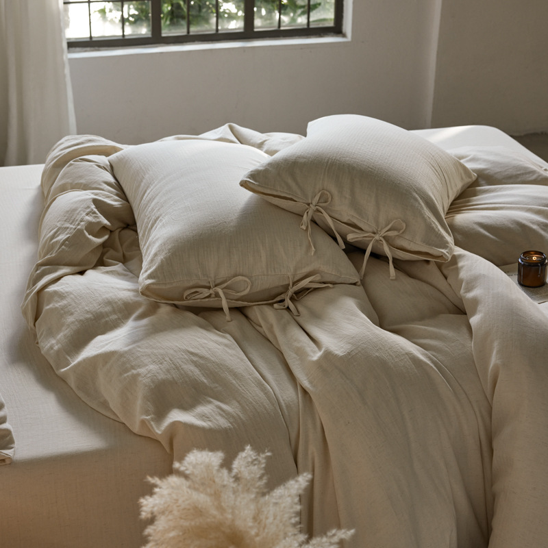 Japanese Wabi-Sabi Style Raw Cotton Linen Four-Piece Set, Class a Simple Bed Sheet and Duvet Cover with Tie Style, Homestay Bedding