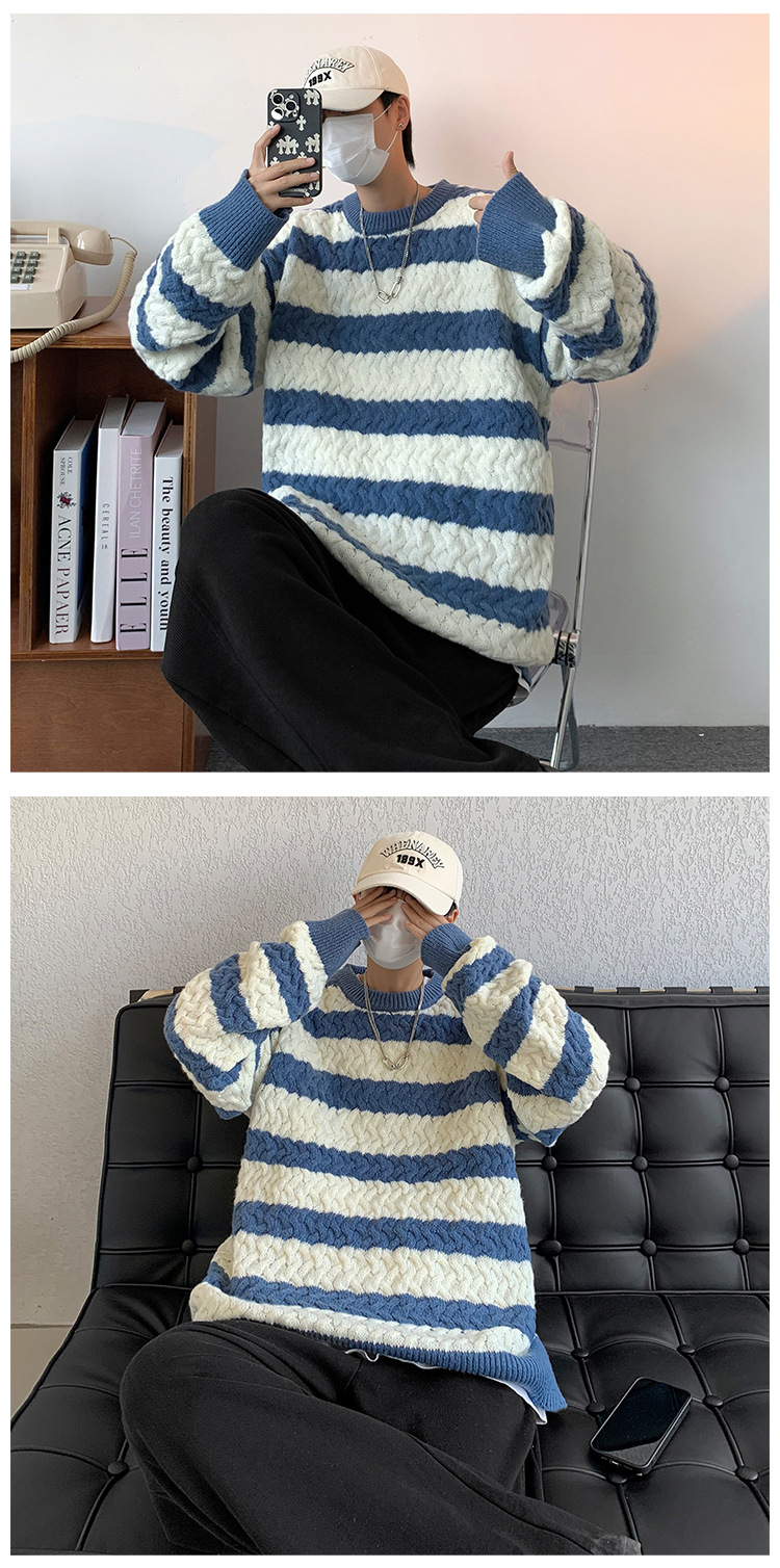 Men's Striped Sweater For Men Oversized Crew Neck Knit Jumper_voghion.com