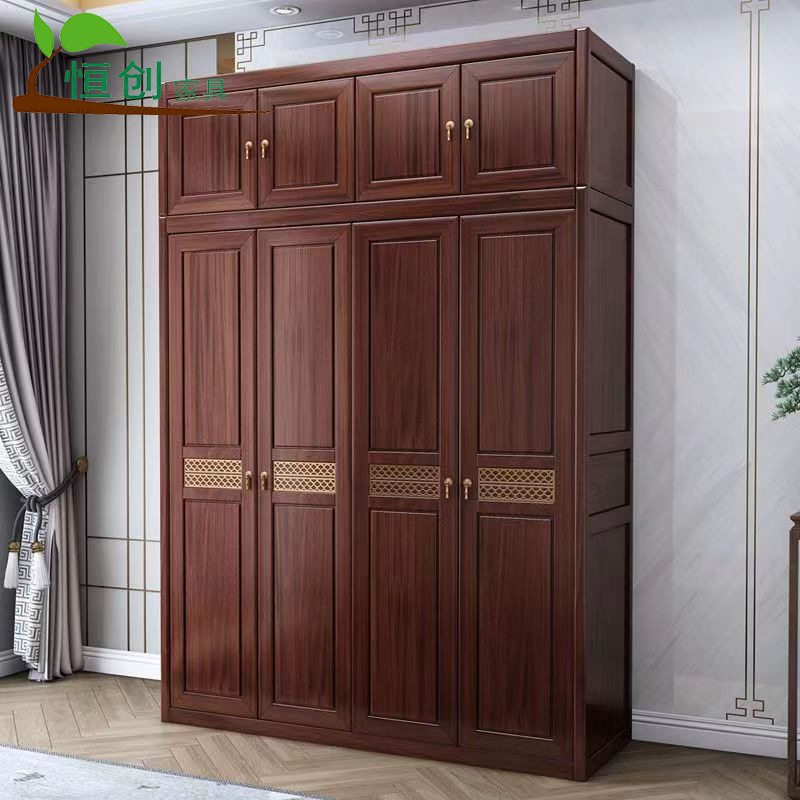 新中式乌金木全实木衣柜家用卧室三四五门加顶衣橱组装收纳储物柜