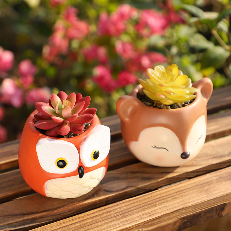 Animales de dibujos animados diversión creativa jardinería de resina recipiente de carne maceta hogar patio mini flor de búho