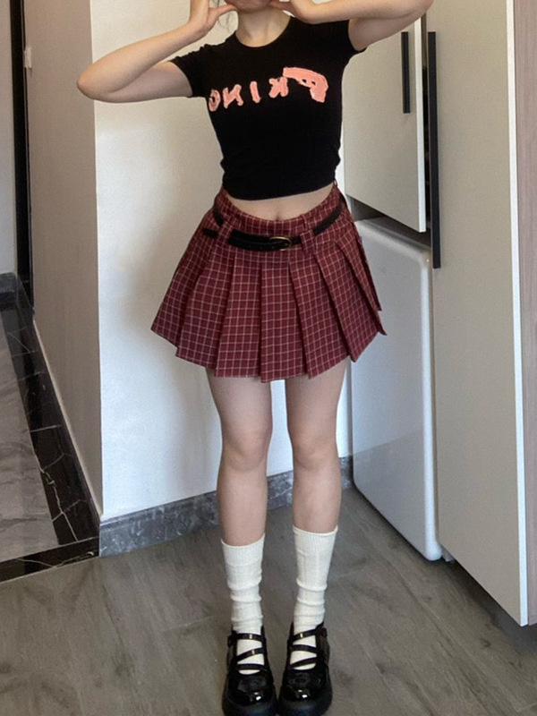 美式复古设计感红色格子百褶裙女大码胖mm学院风半身裙甜辣妹短裙|undefined