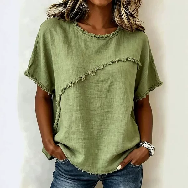 2026 European and American Cross-Border Summer Amazon New Round-Neck Casual Loose Linen Short-Sleeve Top for Women