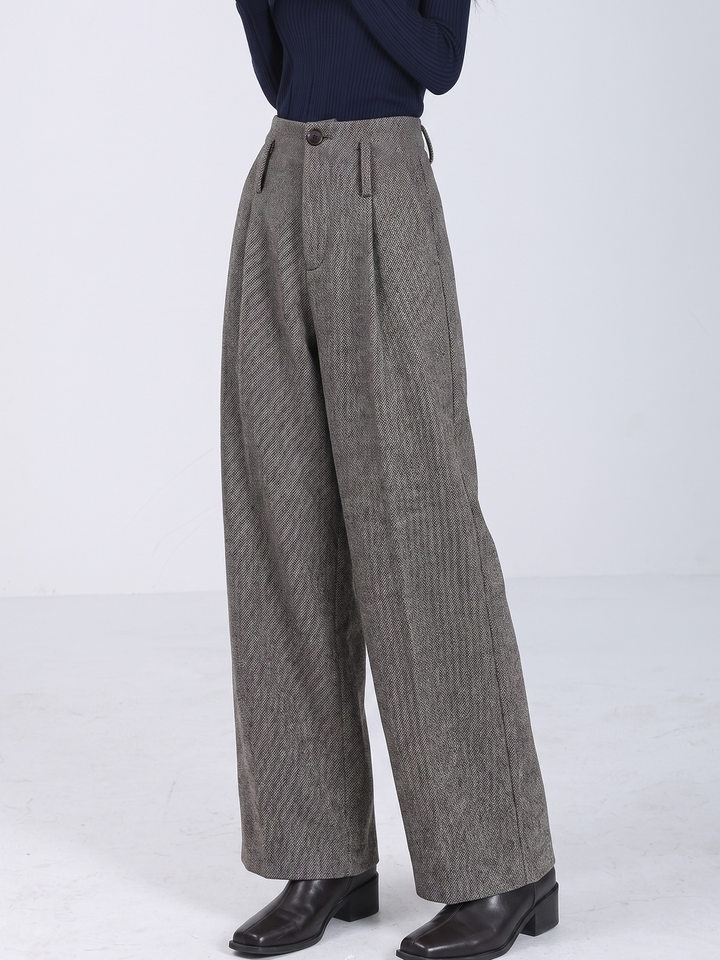 Quần tây nữ ống rộng cạp cao chất liệu len pha polyester, màu trơn, dáng rủ tôn dáng, giữ ấm — Màu ảnh