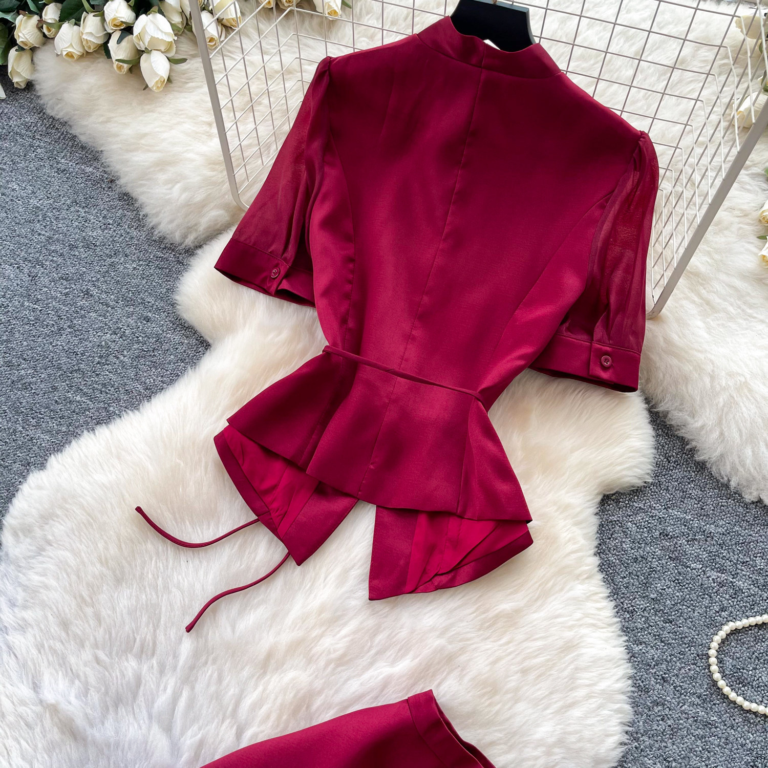 Women's Wine Red Bubble Sleeve Blouse And High-Waist Skirt Set - Elegant Office Wear Two Piece Outfit For Summer_ecoleips.com