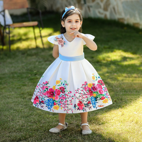 Amazon's new forged fabric printed princess dress for girls' first birthday party dress wholesale, with headband