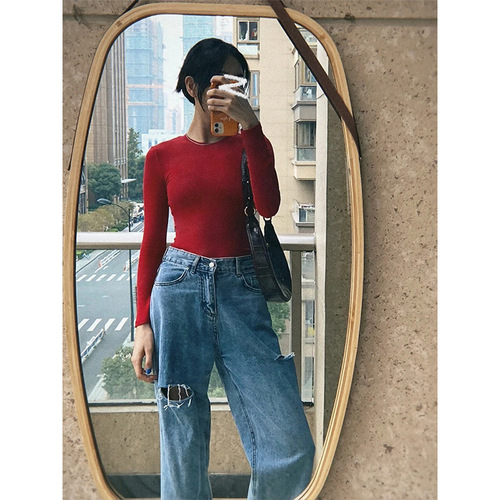 Women's Long-Sleeve Slimming T-Shirt, Solid Color Round Neck Top for Summer and Autumn, Southeast Asian Style, Instagram Inspired