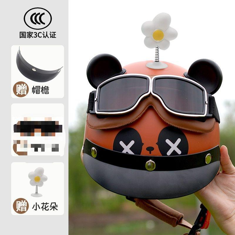 Auto Parts and Accessories, Motuoche Panda Half Helmet Summer Four - brown-panda-brim-retro-goggles-flower