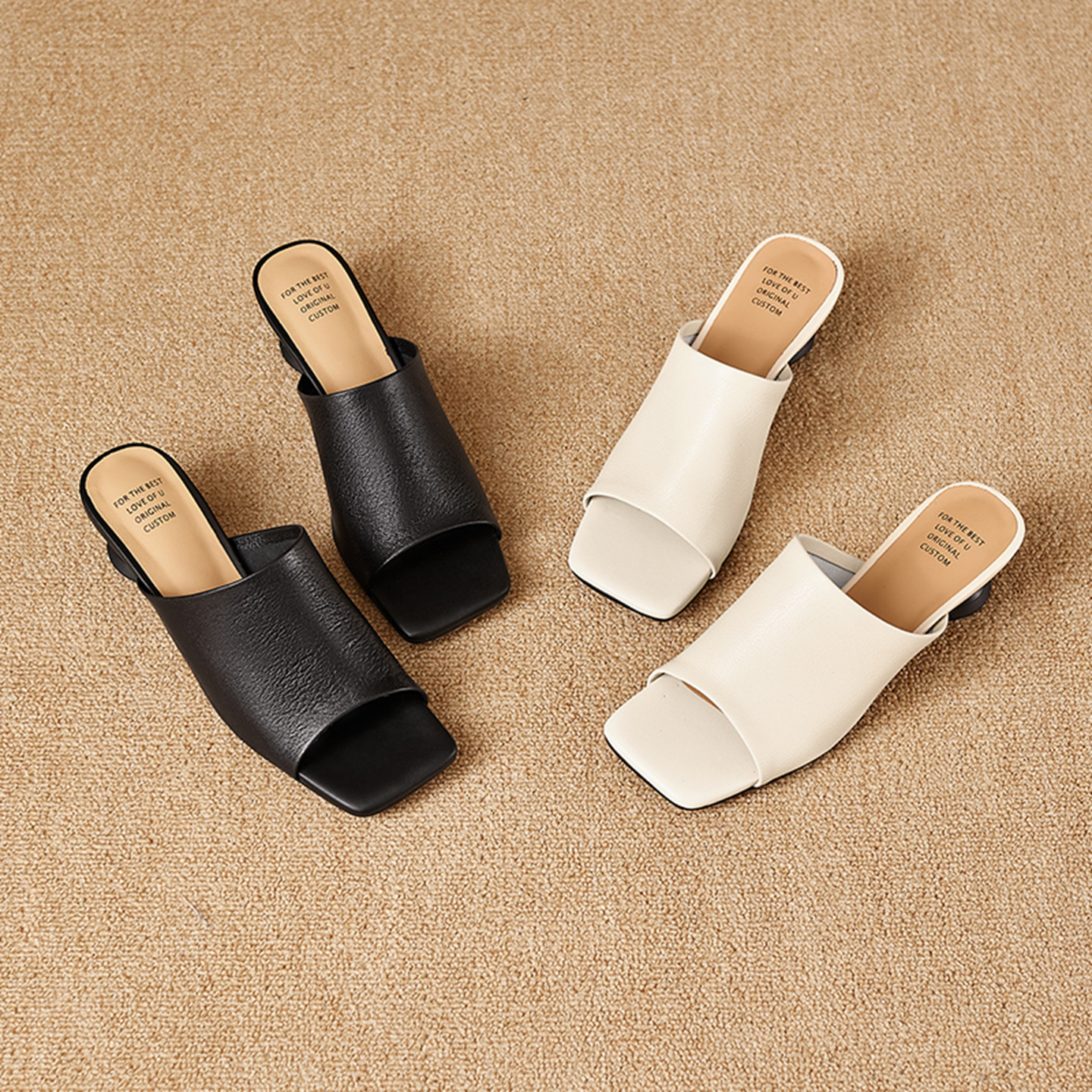 Sandal cao gót nữ da cừu mũi hở gót vuông 4 cm — đen