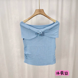 网红辣妹风设计感一字肩纯色不规则修身针织衫短袖夏季新款上衣女