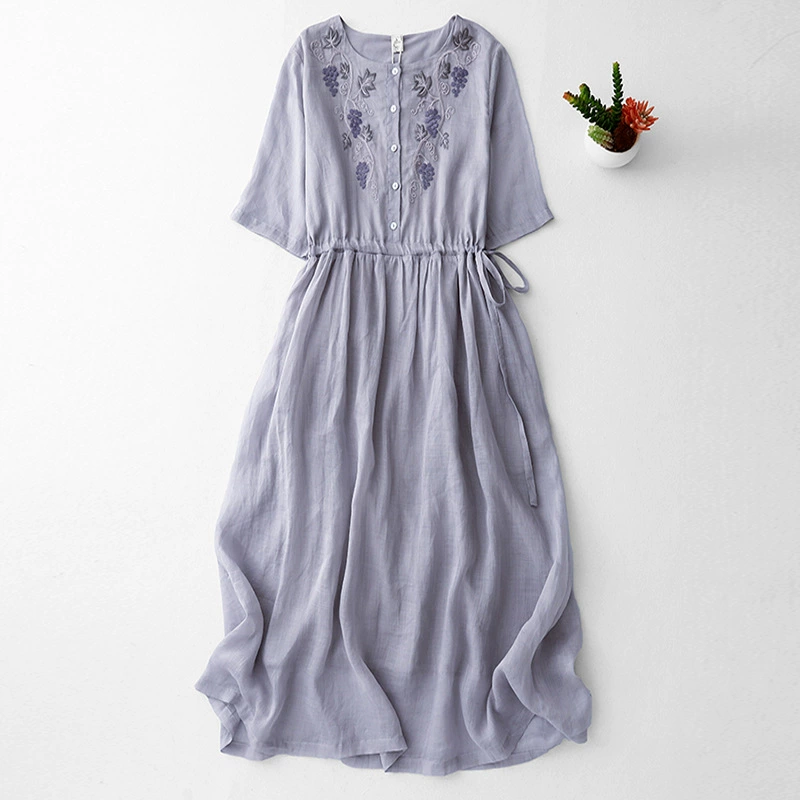 2025 весна и лето новый стиль ретро с вышивкой из рами с круглым вырезом с пятью рукавами рыхлое тонкое платье дышащее