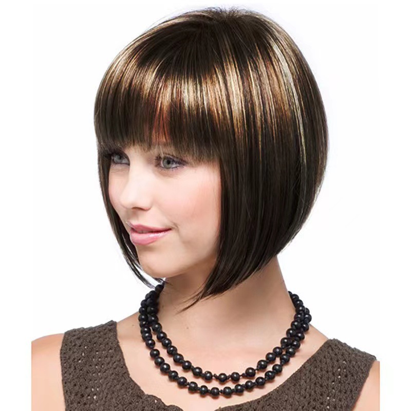 Women's Short Straight Wig With Bangs By High-Temperature Silk Synthetic Hair Clip-in Average Size Head Cover_voghion.com